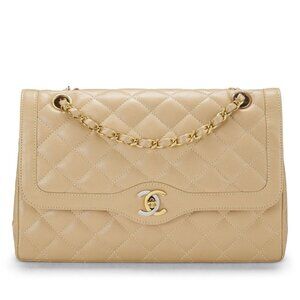 Authentic CHANEL CC Paris Limited Double Flap Bag Lambskin Matelasse Chain Beige
